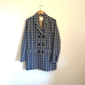 Anthropologie Blue and Yellow Plaid Coat